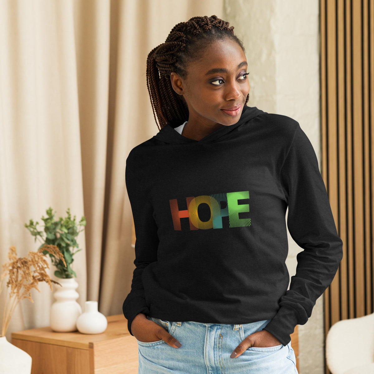 Lightweight Unisex Hooded Long Sleeve Tee for Casual Comfort front view, premium lightweight unisex hooded long from Jen Gea